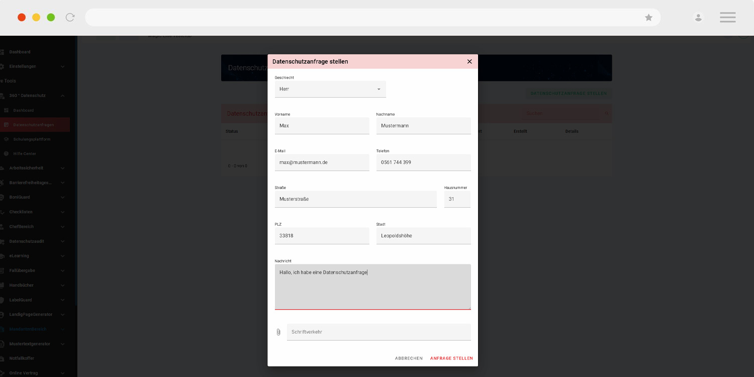 Datenschutzanfragen über die Plattform